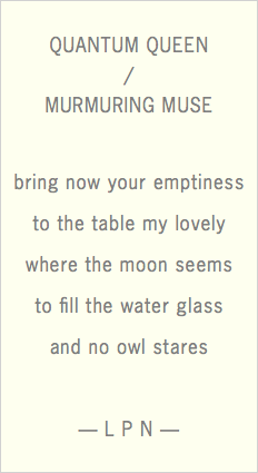 &nbsp;QUANTUM QUEEN  / MURMURING MUSE bring now your emptiness to the table my lovely where the moon seems to fill the water glass and no owl stares — L P N —